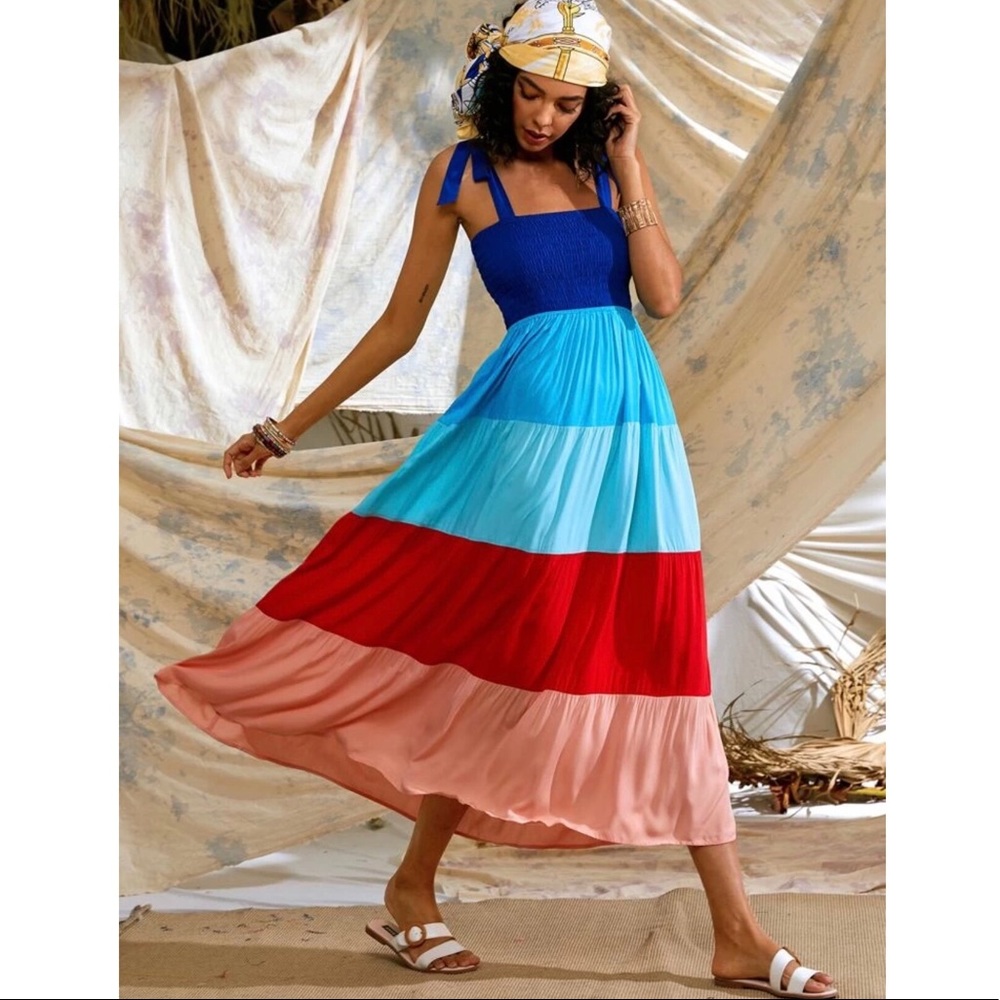 Tie Shoulder Shirred Cut Cami Colorblock Dress